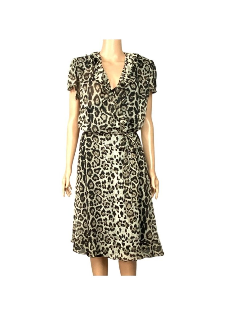 JBS Leopard Animal Print Chiffon Ruffled Short Sleeve Wrap Midi Dress 14WP NWT